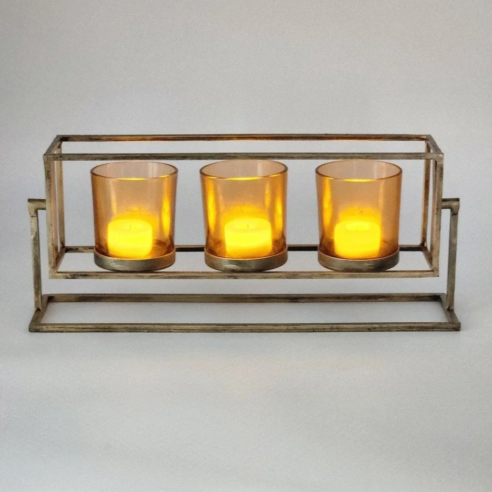 Rustic Triple Votive Tealight Candle Holder Aged Amber Glass In Brushed Bronze
